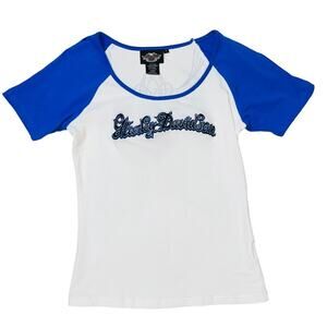 Harley Davidson Raglan Winged Heart Embroidered Tee Shirt White Blue Size S